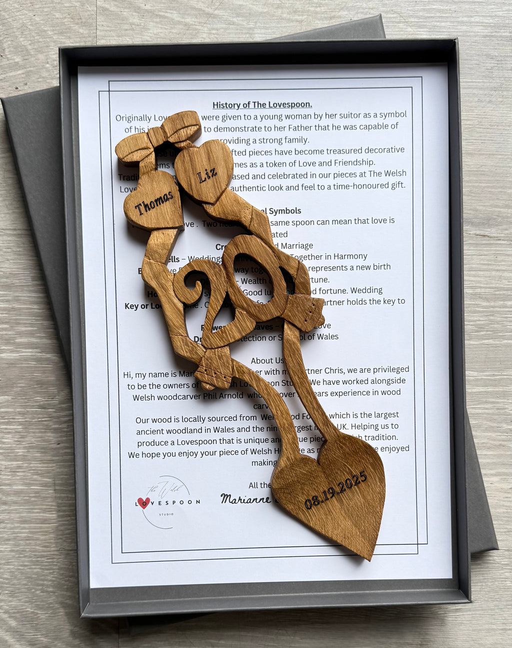 Hand Carved Special Anniversary Lovespoon, 11" carved in oak.   Customised number for years of marriage complete with bells and hearts