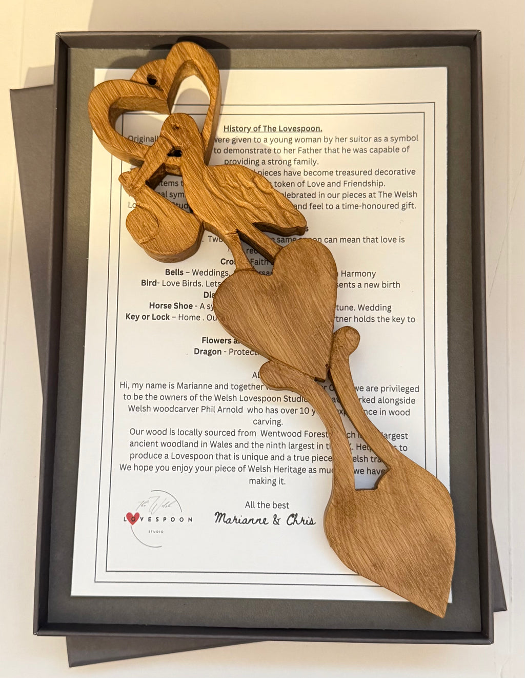 Hand Carved Stork lovespoon, 9" carved in oak. Perfect for New Baby or 1st birthday gift keepsake