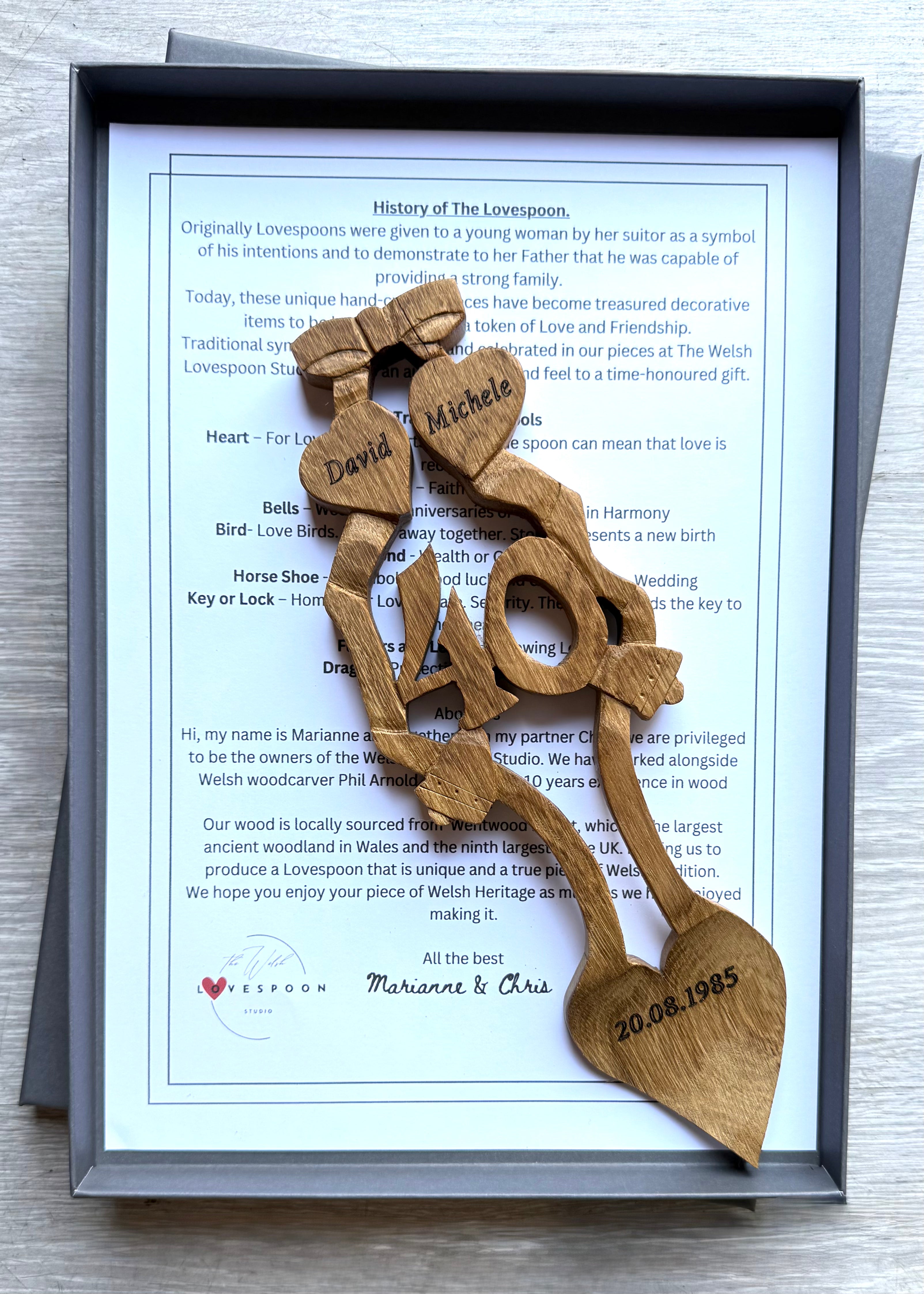 Hand Carved Special Anniversary Lovespoon, 11" carved in oak.   Customised number for years of marriage complete with bells and hearts