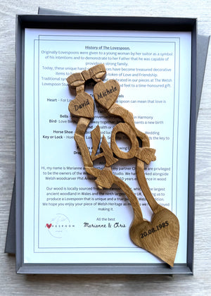 Hand Carved Special Anniversary Lovespoon, 11" carved in oak.   Customised number for years of marriage complete with bells and hearts