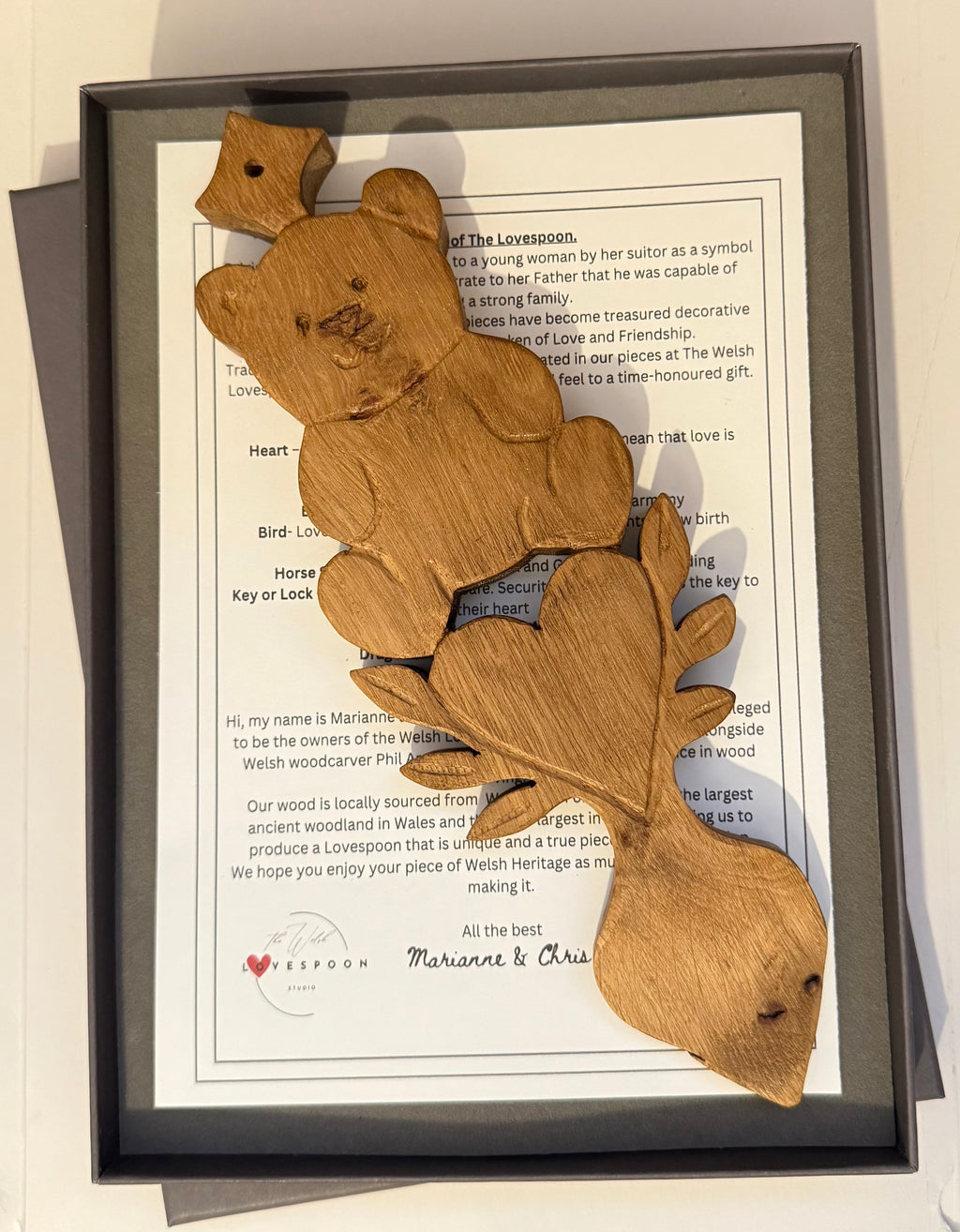 Hand Carved Teddy bear lovespoon, 9" carved in oak. Perfect for New Baby or 1st birthday gift keepsake
