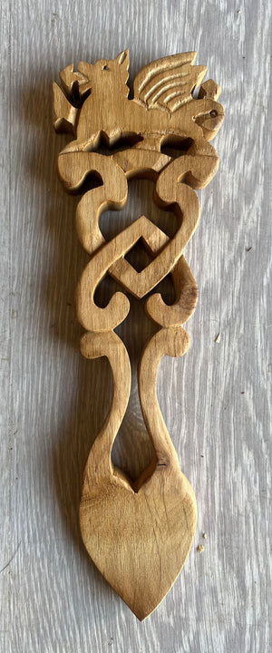 Hand Carved Welsh dragon lovespoon, 11" carved in oak. National Symbol of Wales and sign of strength and protection