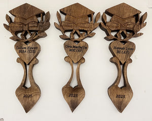9" Oak Graduation Lovespoon.  Mortar board Hat and scroll complete with leaves to symbolise growth