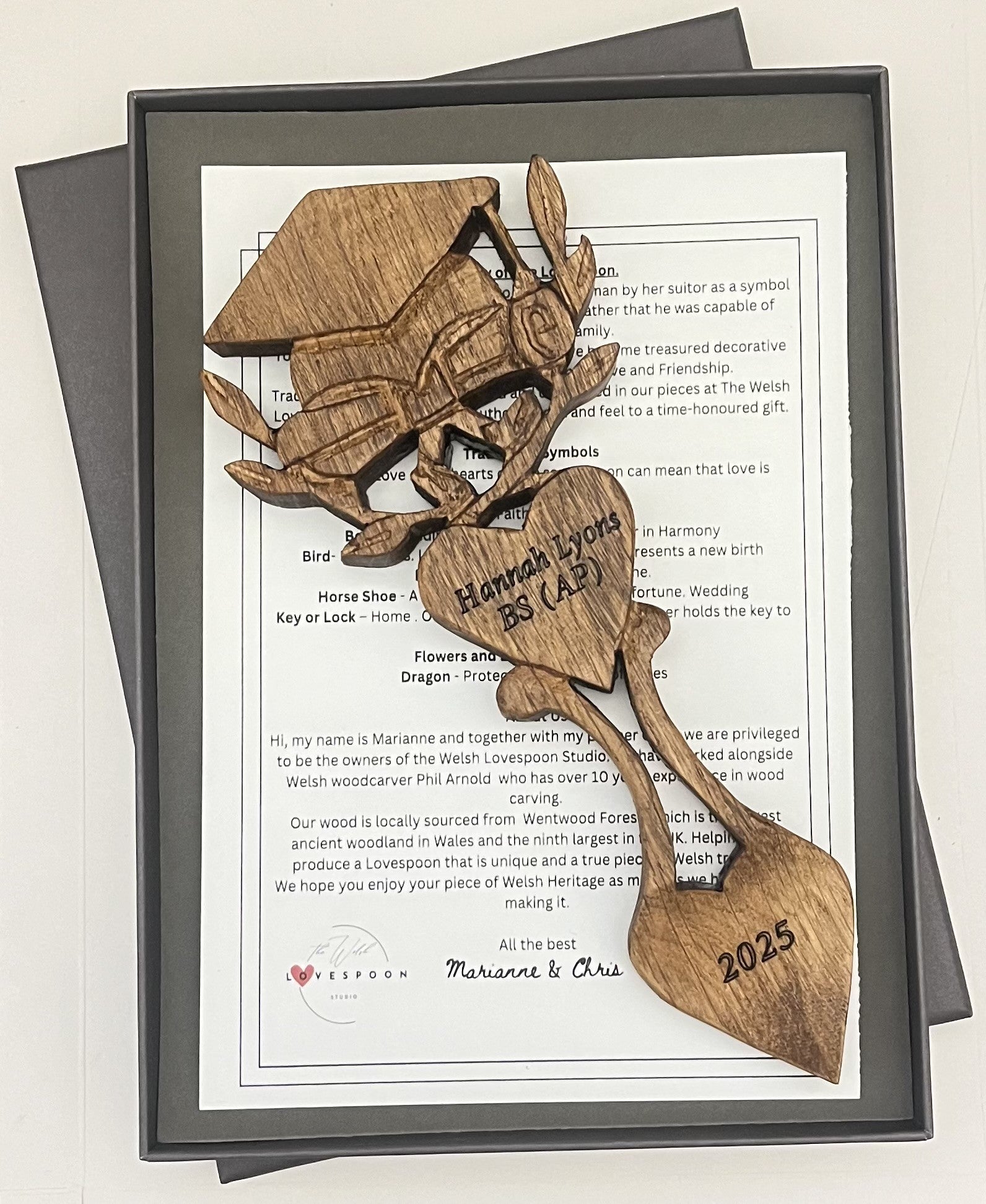 9" Oak Graduation Lovespoon.  Mortar board Hat and scroll complete with leaves to symbolise growth